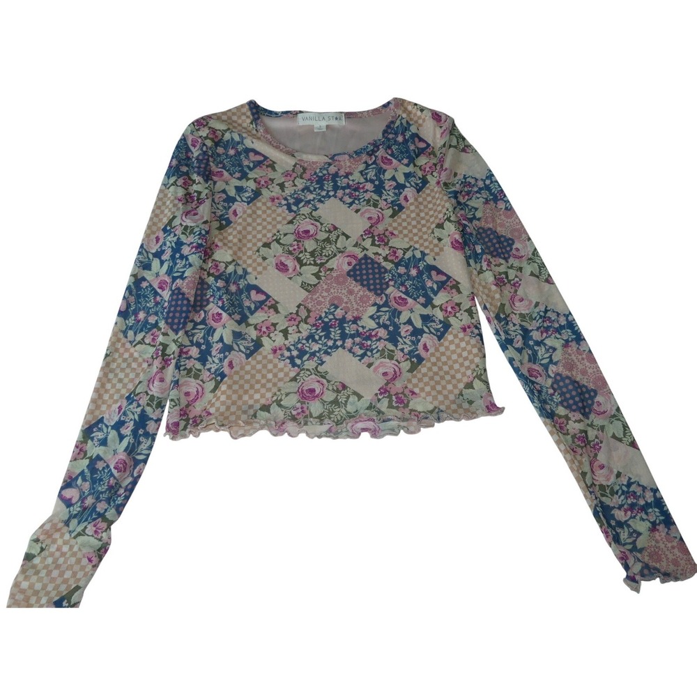 Vanilla Star Patchwork Floral Mesh Long Sleeve Top Lettuce Edge Small Crop Boho
